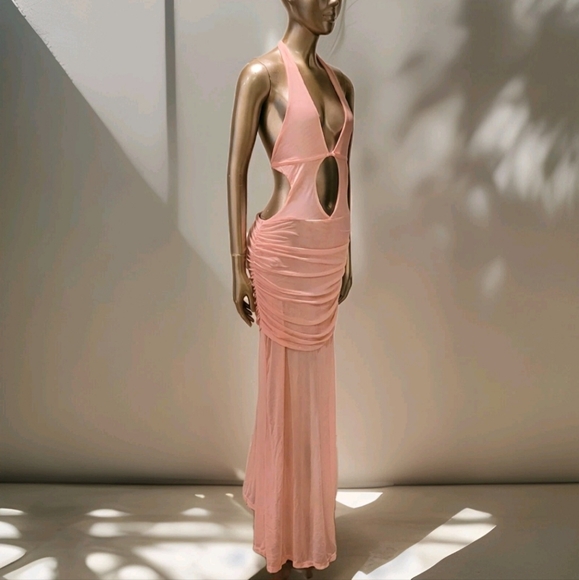 NWT Sexy Pink Halter Cut-Out Ruched Sheer Mesh Ibiza Maxi Dress Sz M - Picture 6 of 14